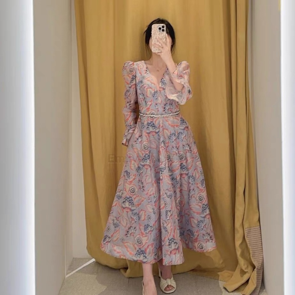 Designer-style Floral Pink and Blue Midi Dress